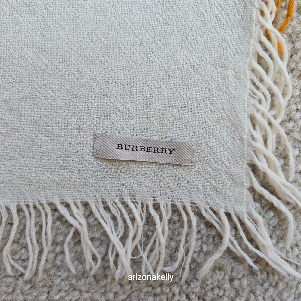 NWOT Burberry Merino Wool Square Scarf with Fringe Tan Brown & Cream - Picture 4 of 14